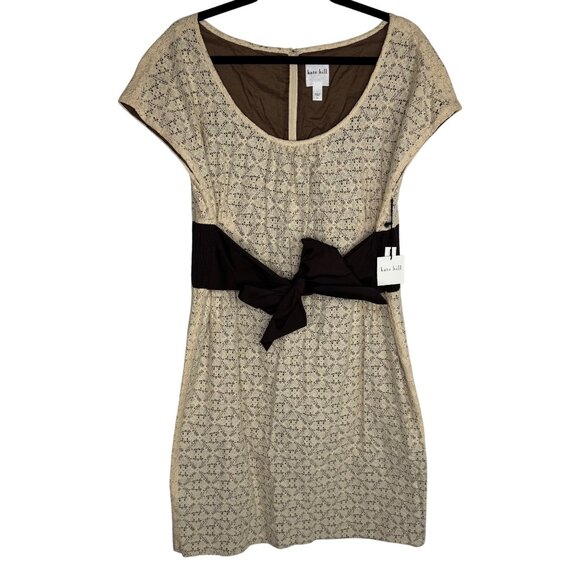 Kate Hill Dresses & Skirts - NWT Kate Hill Beige & Brown Lace Dress Bow Tie Waist Cottagecore Prairie Sz 14P